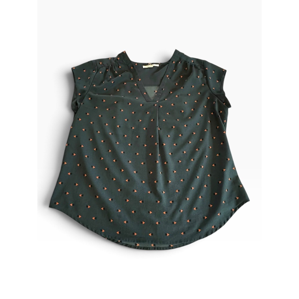 Fun2Fun Blouse Womens XL Teal Orange Triangle Print V-Neck Cap Sleeve